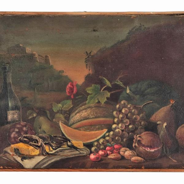 Scuola Italiana Fine XVIII Secolo - "Landscape with still life of fruit, game and bottle", oil painting on canvas