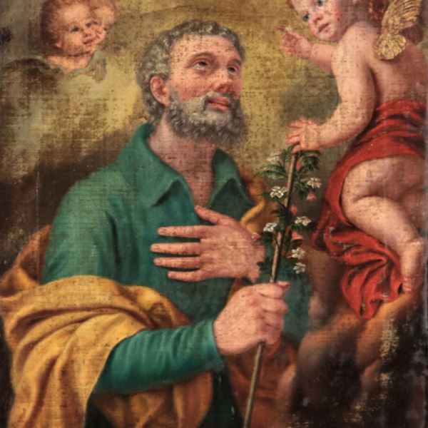 Scuola Napoletana Inizio XIX Secolo - "St. Joseph with little angels", small oil painting on canvas