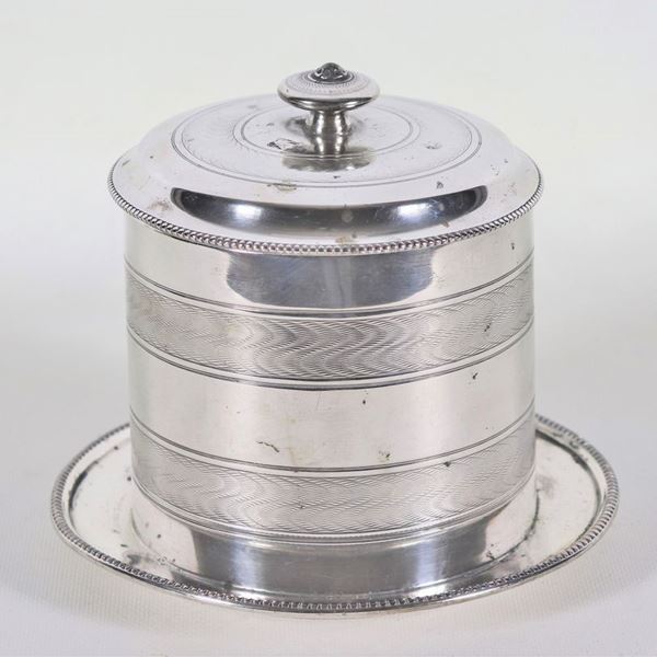 Cylindrical box for biscuits in chiseled sheffield, the hinge of the lid is unsoldered