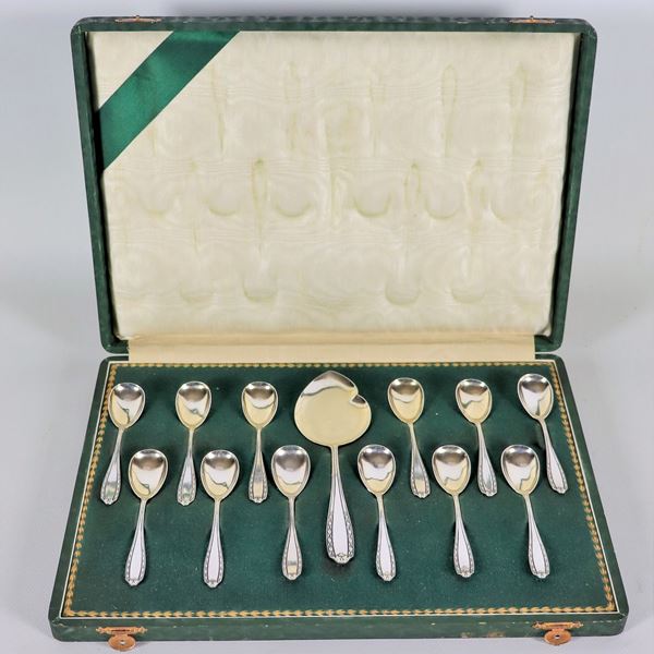 Silver ice cream cutlery set with serving scoop and twelve teaspoons (13 pcs), gr. 210, attached case