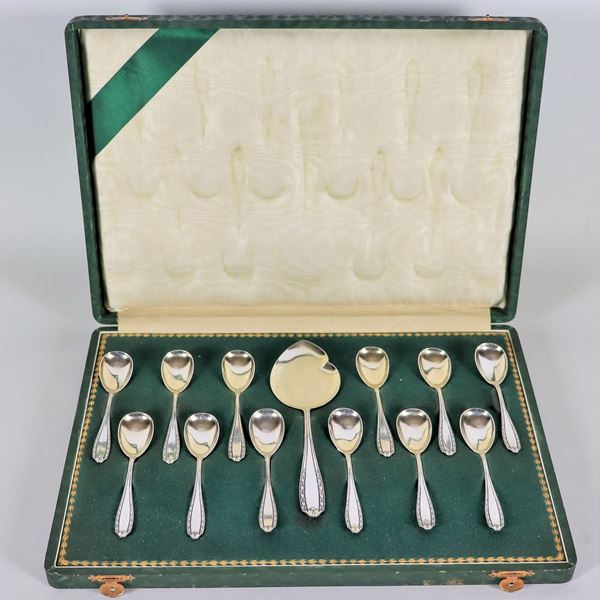 Servizio di posate da gelato in argento con paletta da portata e dodici cucchiaini (13 pz), gr. 210, annesso astuccio