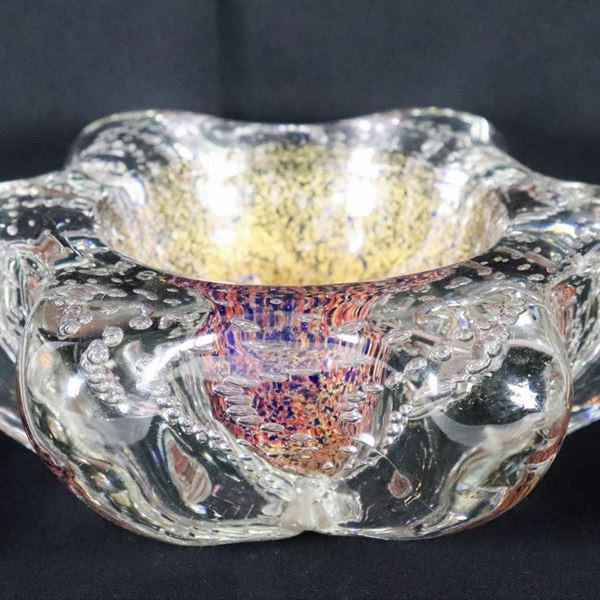 Blown Murano glass ashtray with bubbles and golden flakes