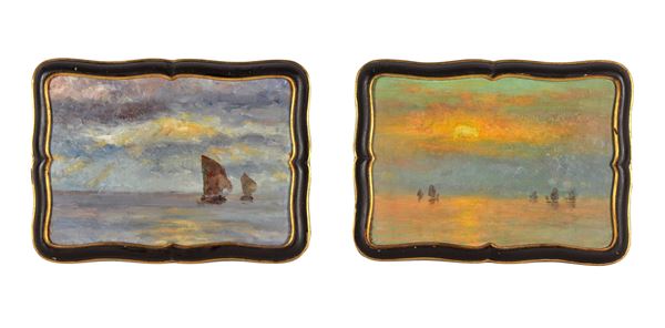 Scuola Veneta Inizio XX Secolo - "Barche di pescatori nella laguna veneziana", coppia di piccoli dipinti ad olio su compensato