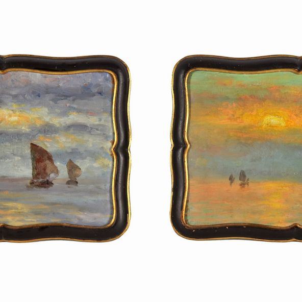 Scuola Veneta Inizio XX Secolo - "Fishing boats in the Venetian lagoon", pair of small oil paintings on plywood