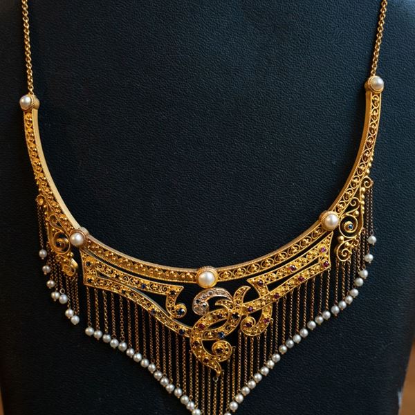 Collana girocollo in oro giallo 9kt con applicazioni di perline, gr. 30