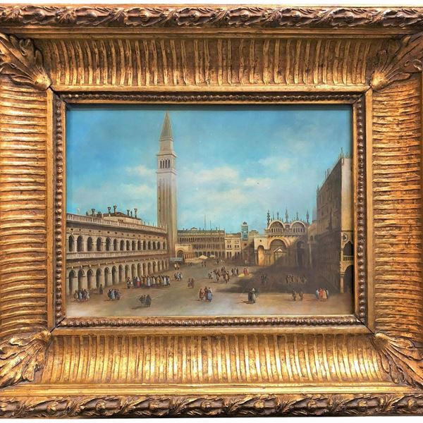 Scuola Italiana Inizio XX Secolo - "Veduta di Piazza San Marco a Venezia", dipinto ad olio su tavoletta