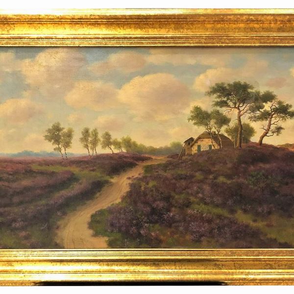 Scuola Italiana Fine XIX Secolo - "Paesaggio campestre con strada bianca", dipinto ad olio su tela