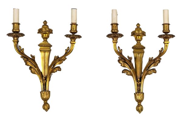 Coppia di appliques francesi in bronzo dorato, cesellato e sbalzato a motivi Luigi XVI di anfore e foglie, 2 luci ciascuna