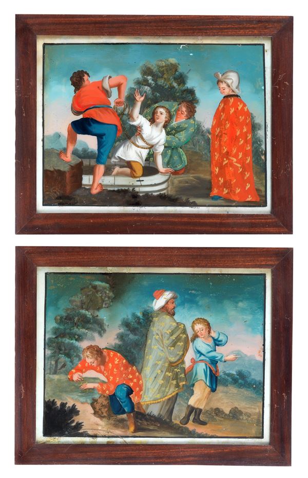 Scuola Italiana XVIII Secolo - “Boy Saved from the Well” and “Boy Counting Money”, a pair of bright paintings under glass. One painting has a crack at the bottom