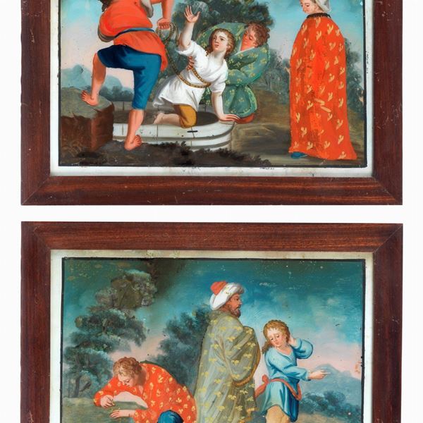 Scuola Italiana XVIII Secolo - "Boy saved from the well" and "Boy counting money", a pair of bright glass paintings