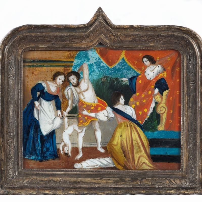 "Il giudizio di Re Salomone", luminoso dipinto sottovetro