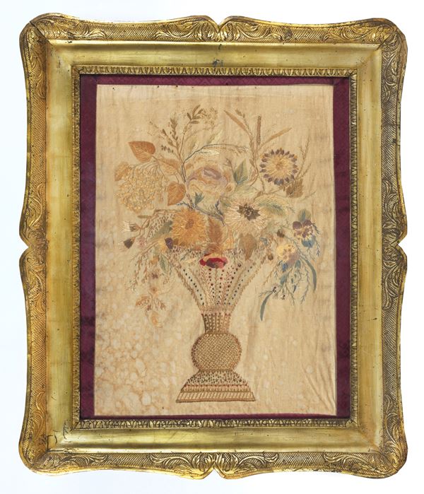 “Vase with bunch of flowers”, embroidered fabric on silk