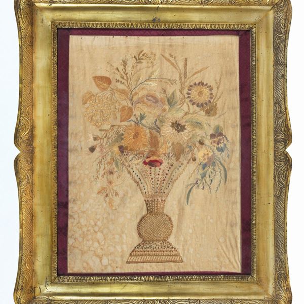 “Vase with bunch of flowers”, embroidered fabric on silk