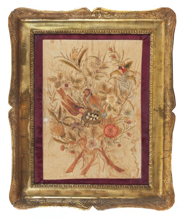 “Flowers with nest and birds”, embroidered fabric on silk