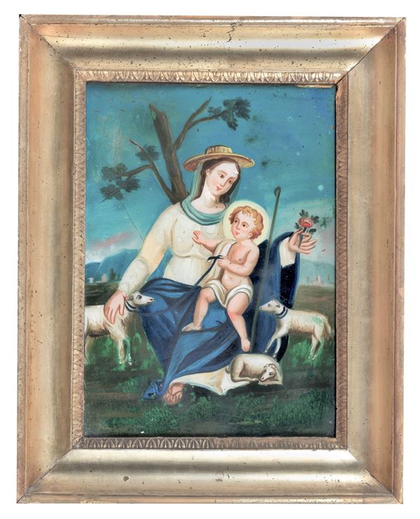 Scuola Italiana XVIII Secolo - "The Divine Shepherdess Maria Santissima with the Child", painted under glass