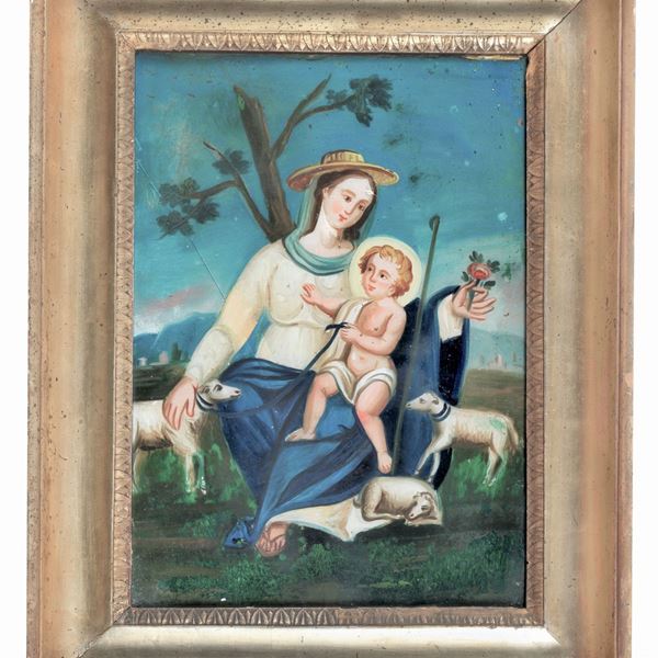 Scuola Italiana XVIII Secolo - "La Divina Pastora Maria Santissima con il Bambino", dipinto sottovetro