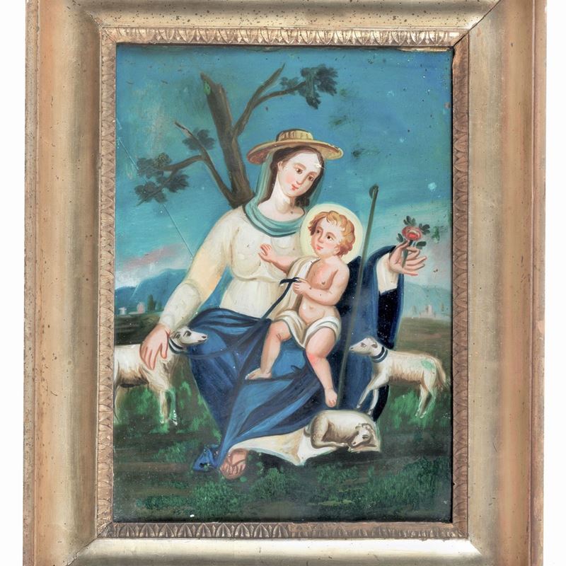 "La Divina Pastora Maria Santissima con il Bambino", dipinto sottovetro