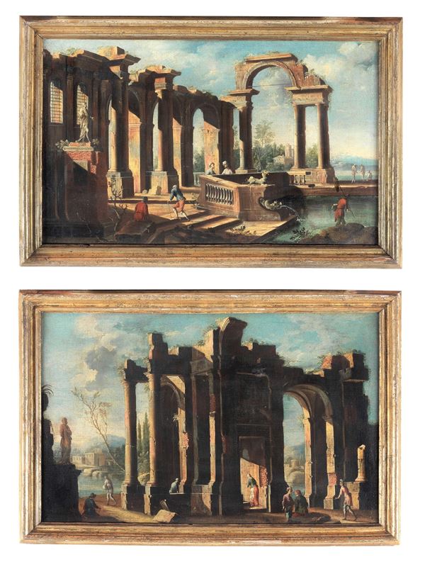 Leonardo Coccorante - Attributed. "Ruins with architecture and characters", pair of oil paintings on canvas of fine pictorial execution