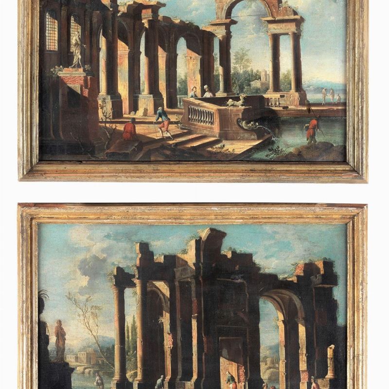 Attribuiti. “Ruderi con architetture e personaggi”, coppia di dipinti ad olio su tela di pregevol...