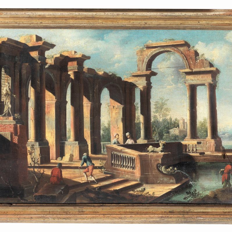 Attribuiti. “Ruderi con architetture e personaggi”, coppia di dipinti ad olio su tela di pregevol...