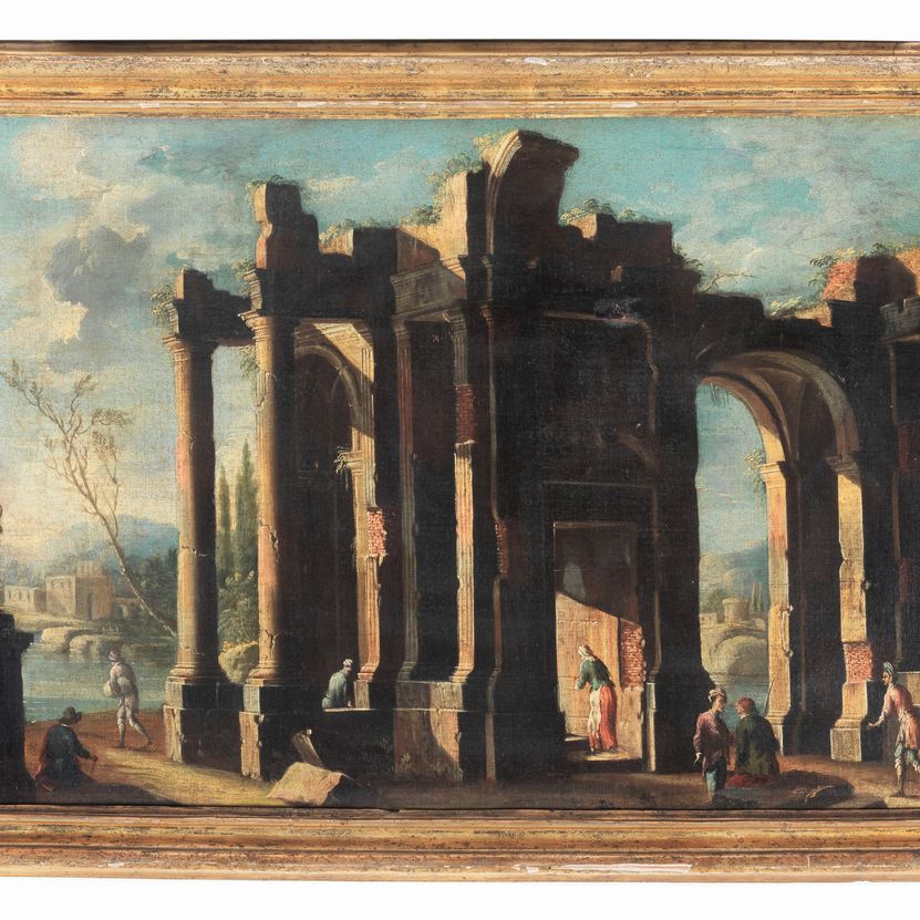 Attribuiti. “Ruderi con architetture e personaggi”, coppia di dipinti ad olio su tela di pregevol...
