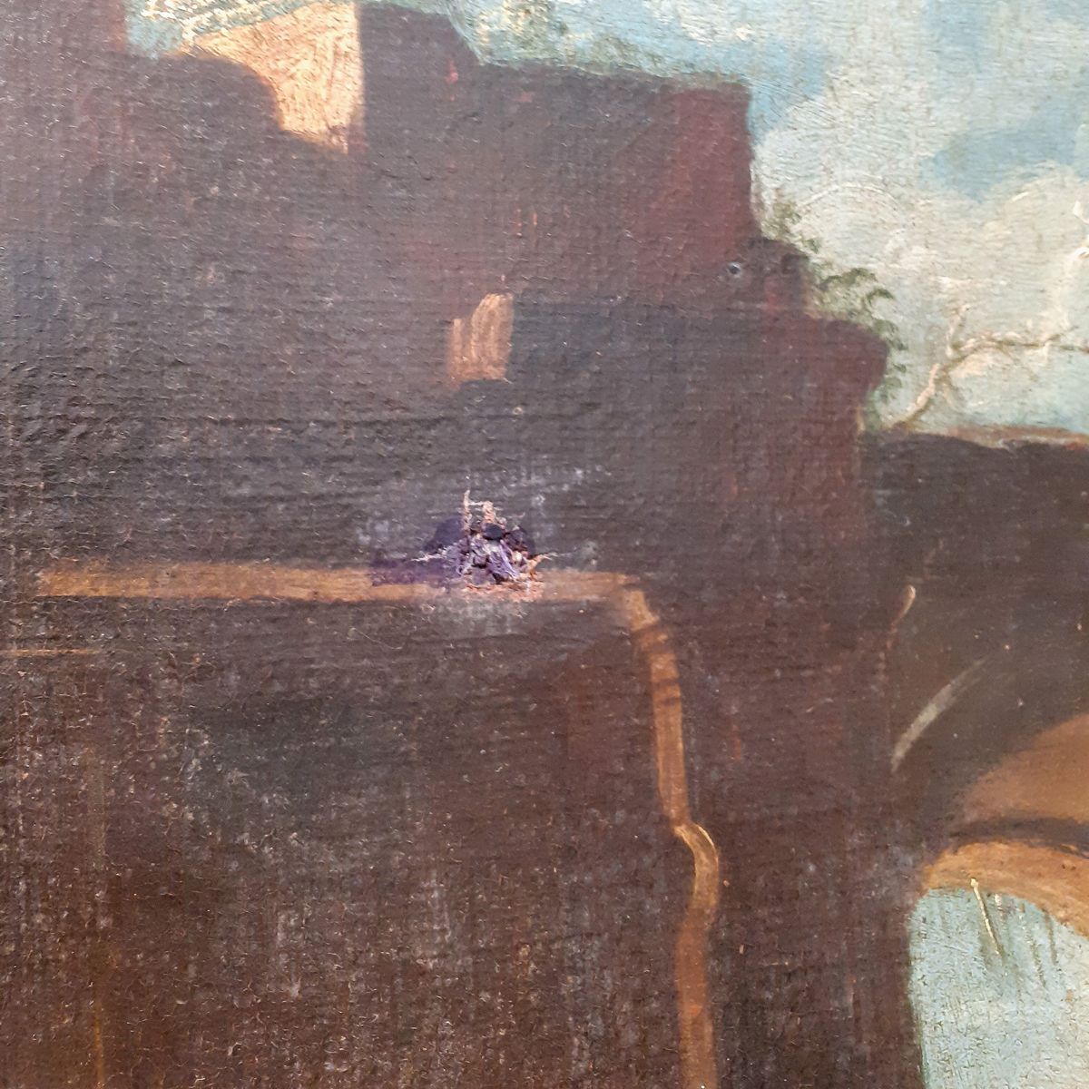 Attribuiti. “Ruderi con architetture e personaggi”, coppia di dipinti ad olio su tela di pregevol...