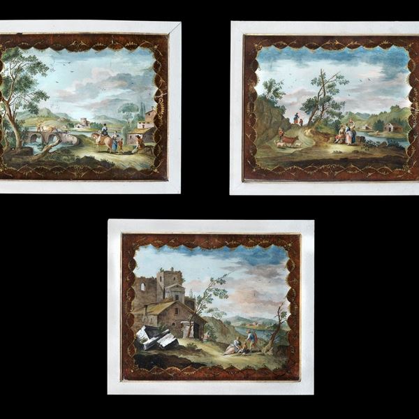 Scuola Romana XVIII Secolo - “Landscapes with villages, bridge, stream and characters”, lot of three luminous glass paintings
