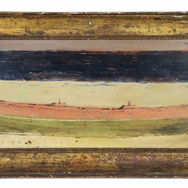 Keith Ingermann - Firmato e datato 1955. “Barca in secca”, dipinto ad olio su masonite