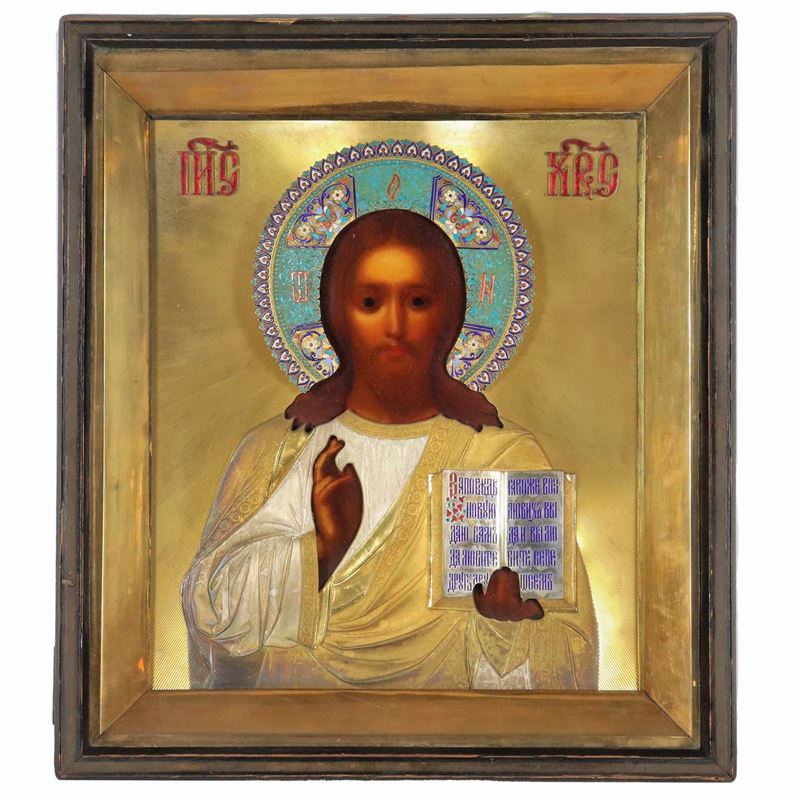 "Cristo Pantocrator", icona da viaggio dipinta su tavola, con rizza in argento dorato e smalti po...