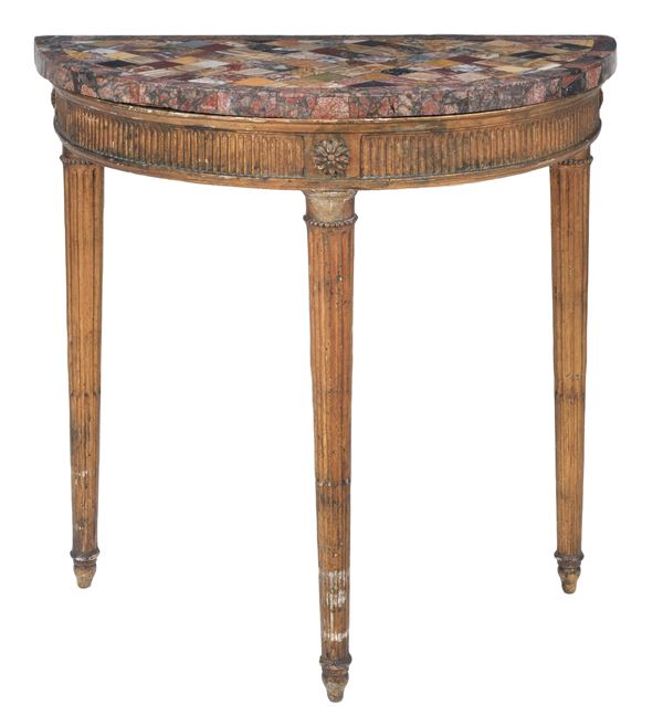 Louis XVI Roman console with demi-lune in gilded wood, carved with grooves and rosettes, "sample" top of various precious marble inlays, three cone-shaped legs