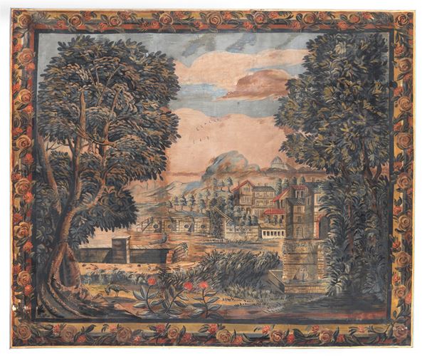 “Paesaggio con alberi e sfondo di antica città”, antico grande pannello dipinto su tela ad olio magro, tempera e colori vegetali