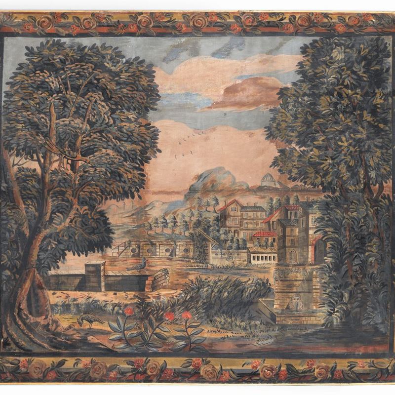 “Paesaggio con alberi e sfondo di antica città”, antico grande pannello dipinto su tela ad olio m...