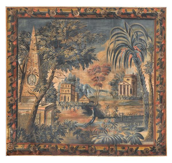 “Paesaggio con fantasia di antichi monumenti”, antico grande pannello dipinto su tela ad olio magro, tempera e colori vegetali