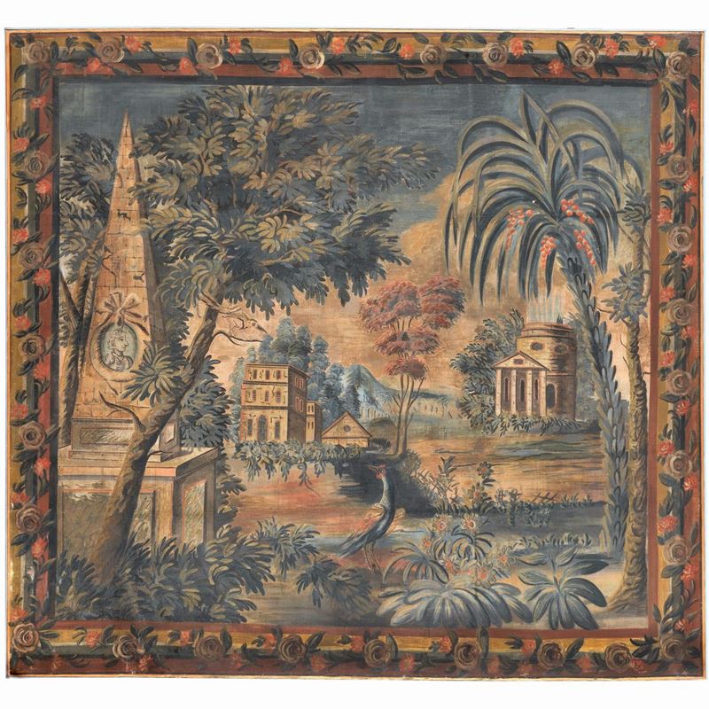 “Paesaggio con fantasia di antichi monumenti”, antico grande pannello dipinto su tela ad olio mag...
