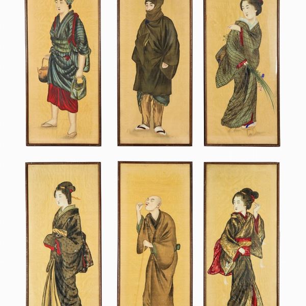 "Geisha and Peasants", lot of six ancient Japanese watercolors on silk