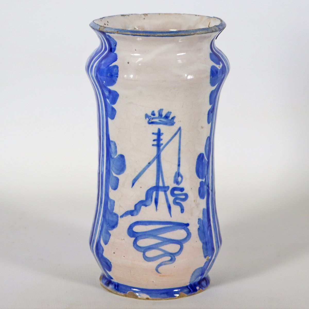 Antico albarello da farmacia in maiolica smaltata di Albisola, con decorazioni in blu di "Paesagg...