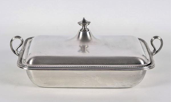Antique rectangular vegetable dish in silver-plated metal, with two curved handles and amphora-shaped pommel