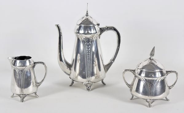 German Liberty coffee service marked W.M.F. in silver-plated, embossed and chiseled metal (3 pcs)