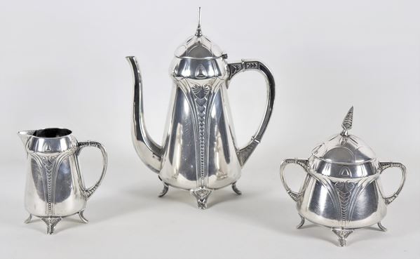 Liberty coffee service marked W.M.F. in silver-plated, embossed and chiseled metal (3 pcs)