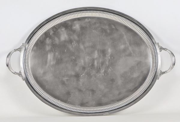 Large antique English sheffield tray, oval shaped with two handles and embossed edge
