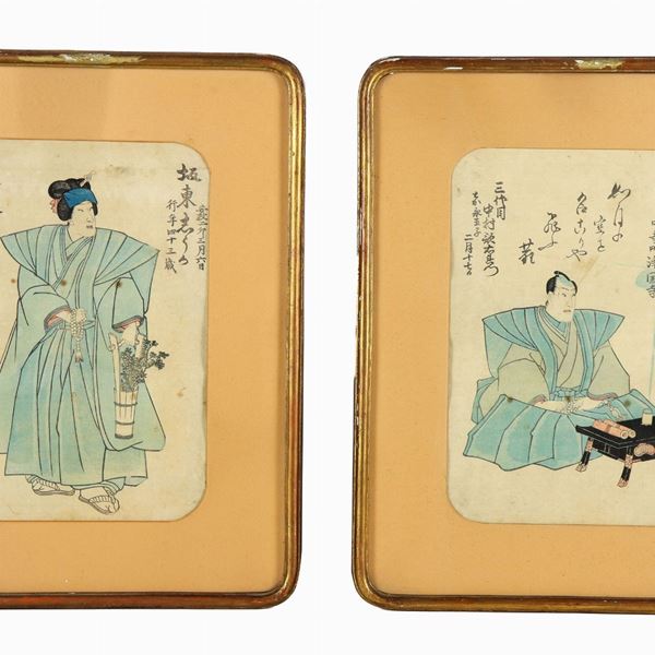"Japanese dignitaries with inscriptions", pair of antique watercolors on paper