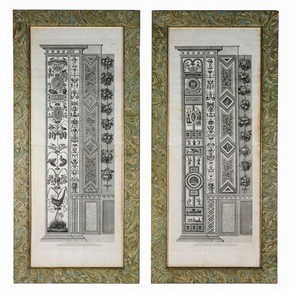 Pair of ancient engravings "Architectural allegories"