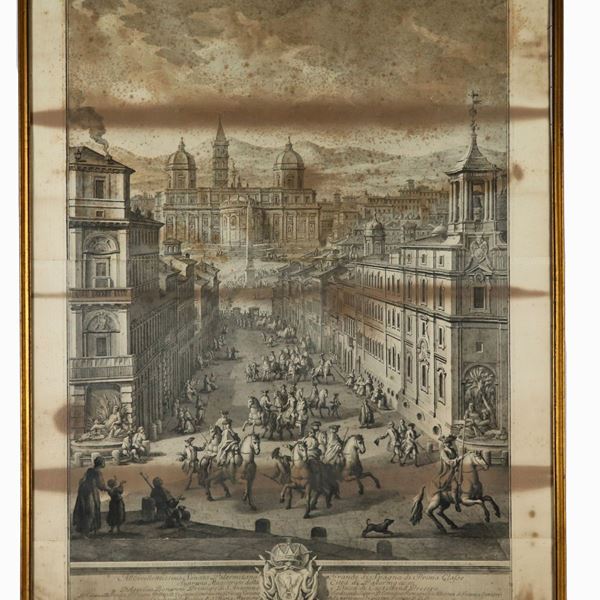 Grande antica incisione su carta "Corteo principesco con veduta di Palermo"