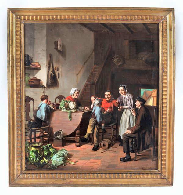 Jacques Philippe Van Bree - Firmato. "Interno di cucina con il nonno che gioca con i nipotini", dipinto ad olio su tela