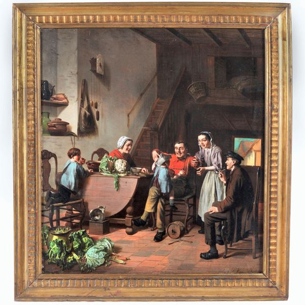 Jacques Philippe Van Bree - Signed. "Kitchen interior with grandfather playing with his grandchildren", oil painting on canvas