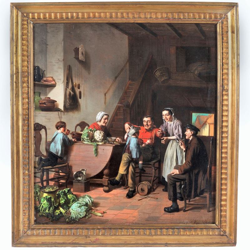 Firmato. "Interno di cucina con il nonno che gioca con i nipotini", dipinto ad olio su tela