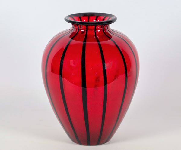 Red Murano blown glass vase with black border and lines