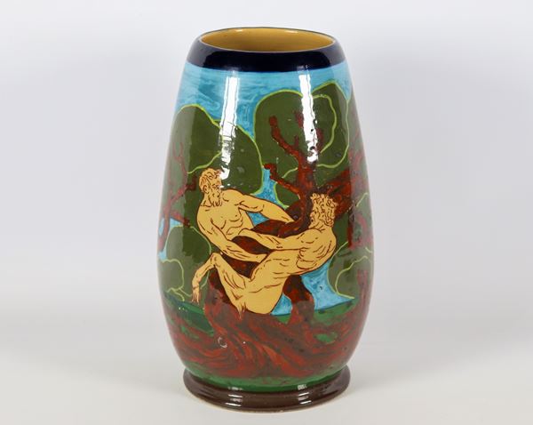Polychrome glazed and majolica ceramic vase "Wrestlers"