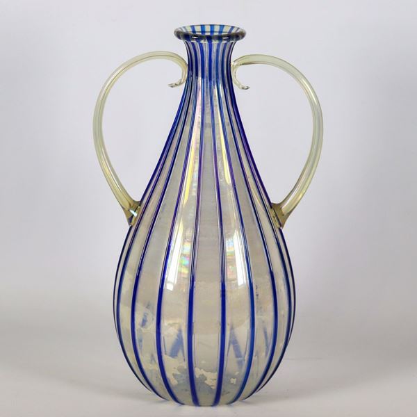 Murano blown glass vase with shaped handles and blue striped decoration