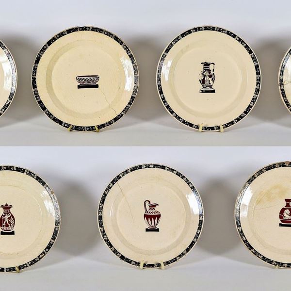 Lot of seven ancient Giustiniani majolica ceramic plates, in the center decorations with Ancient Greek vases
